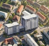 Aerial view of residential buildings and the surroundings of a 3-room apartment in Poprad.