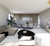 Living room in a 3-room apartment with furniture and a plant, interior in light shades.