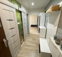 The hallway of a 2-room apartment with a wooden decor floor and stone wall cladding.