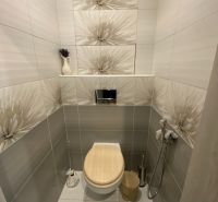Bathroom in a 2-room apartment with ceramic tiles and a toilet.