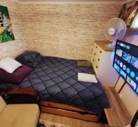 A bedroom in a family house with a bed, a television, and a floor with a wood decor.