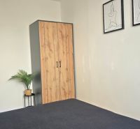 A room in a 3-room apartment with a simple wardrobe and a plant by the white wall.