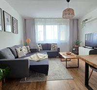 Living room in a 3-room apartment with a wooden decor floor, a couch, and a TV.