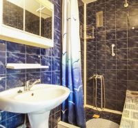 A bathroom in a 3-room apartment with dark tiles and a shower corner.