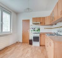 A kitchen in a 3-room apartment with a wooden floor decor and a view of greenery.