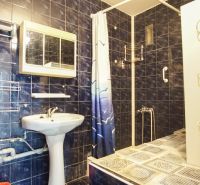 A bathroom in a 3-room apartment with dark tiles and a shower corner.
