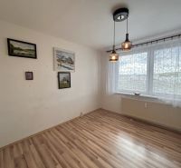 A room with a wooden floor decor, paintings on the wall, curtains, lights, 3-room apartment.