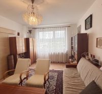 Living room in a three-room apartment with a wooden decor floor and a large window.