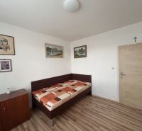 Bedroom in a 3-room apartment with a bed, wood-patterned flooring, and artworks on the walls.
