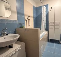 A bathroom with blue tiles and a bathtub in a 3-room apartment.