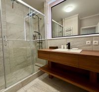The bathroom of a two-room apartment with a spacious shower and a sink on a wooden cabinet.