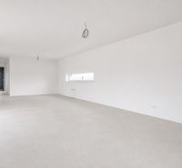 A spacious white room with large windows and a light floor in a family house.