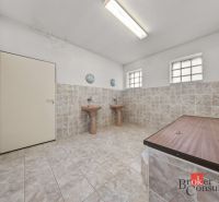 A bathroom in a family house with two sinks and tiles.