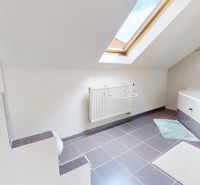 A bathroom with a bathtub, sink, and skylight in a family house.