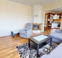 Living room in a family house with a fireplace, sofa set, and wooden decor flooring.