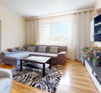 Living room in a family house with a wooden decor floor and a cozy sofa.