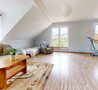 Spacious living room with a sofa, exercise bike, and wooden decor flooring.