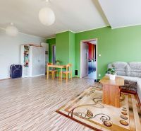 A spacious living room in a family house with a wood-patterned floor and a green wall.
