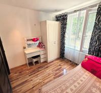 Bedroom in a 4-room apartment with wood-patterned flooring, a wardrobe, and a dressing table.