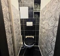 A bathroom in a 4-room apartment with black tiles and geometric patterns on the walls.
