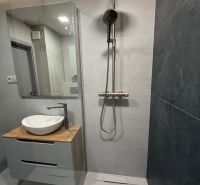 A bathroom with a sink on a wooden decor and a shower in a studio apartment.