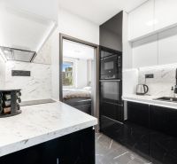 A 2-room apartment kitchen with marble countertops and modern appliances.