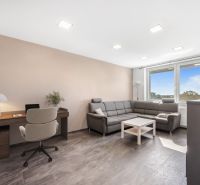 Living room with a work corner, sofa, and table in a 2-room apartment.