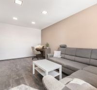 Living room with a gray sofa, a desk, and a coffee table in a two-room apartment.