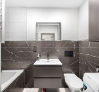 Bathroom with a shower, dark tiles, and a mirror in a 2-room apartment.