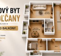 Visualization of a 3-room apartment in Topoľčany with wood-patterned flooring, 73 m², and balconies.
