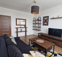 Living room with a sofa, wooden furniture, and a floor with a wood decor, 2-room apartment.