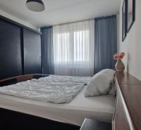 Bedroom in a 2-room apartment with a bed, a large wardrobe, and a floor with a wooden decor.