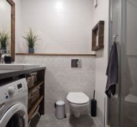 A bathroom in a 2-room apartment with a washing machine, shower, and gray tiles.