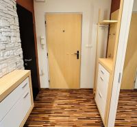 Entrance area of a 3-room apartment with wood-patterned flooring and storage spaces.