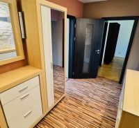 Entrance hall with wood-patterned flooring and stone cladding in a 3-room apartment.