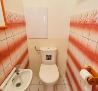 A toilet with a sink and distinctive tiles in a 3-room apartment.