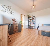 A one-room apartment with a wooden decor floor, a work desk, and a cozy bed.