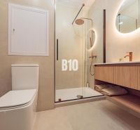 Bathroom with toilet, wooden sink, and shower in a studio apartment.