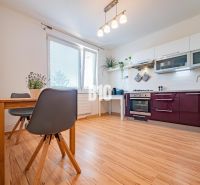 A kitchen in a studio apartment with a wooden floor decor and a dining table.