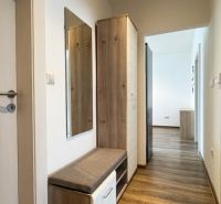 Hallway of a 2-room apartment with a wooden decor floor, a wardrobe, and a mirror.