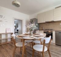 Kitchen with dining table, wooden decor flooring, 2-room apartment, elegant interior.