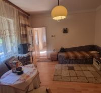 Living room in a family house with a carpet and large windows, floor with wooden decor.