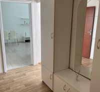 Studio apartment with white furniture and wood-patterned flooring, complemented by a mirror.