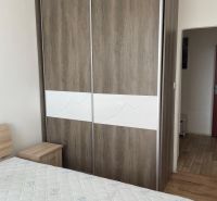 The studio apartment has a built-in wardrobe with sliding doors and a bed with a mattress.