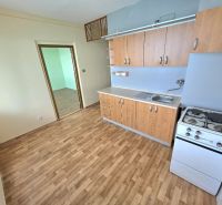 Kitchen unit and stove in a studio apartment with a wooden decor floor.