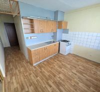 A kitchen in a studio apartment with a wood-patterned floor and basic equipment.