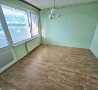 A room in a one-bedroom apartment with a wooden decor floor and light green walls.