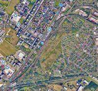 Satellite view of Gardens in the Žabí majer area, Bratislava - Rača, with buildings and greenery.
