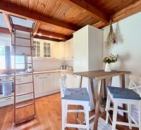 Interior of a garden with a kitchen, wooden ceiling, and floor with wooden decor.