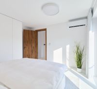 Bright bedroom in a 4-room apartment with a bed, plant, and white cabinets.